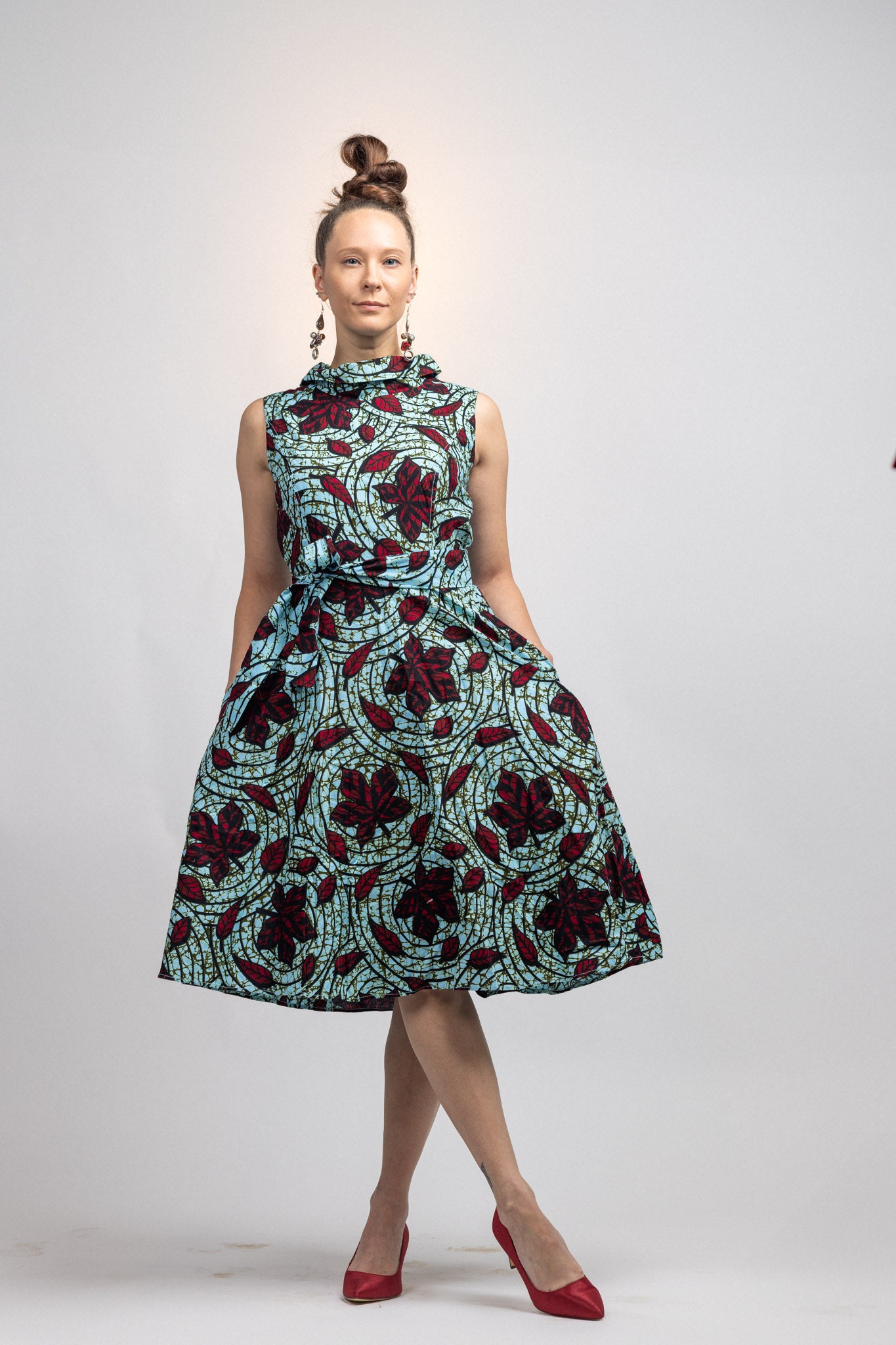 Jackie O dress- red leaf print