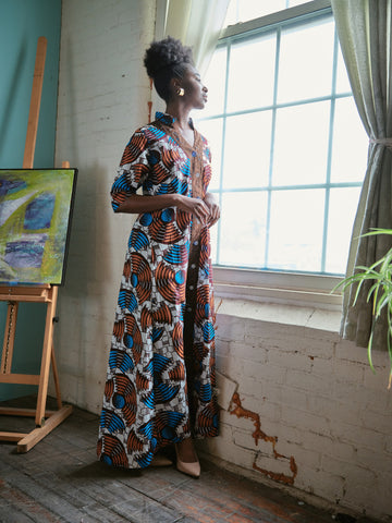 Bojo Maxi Dress- Brown and Blue print