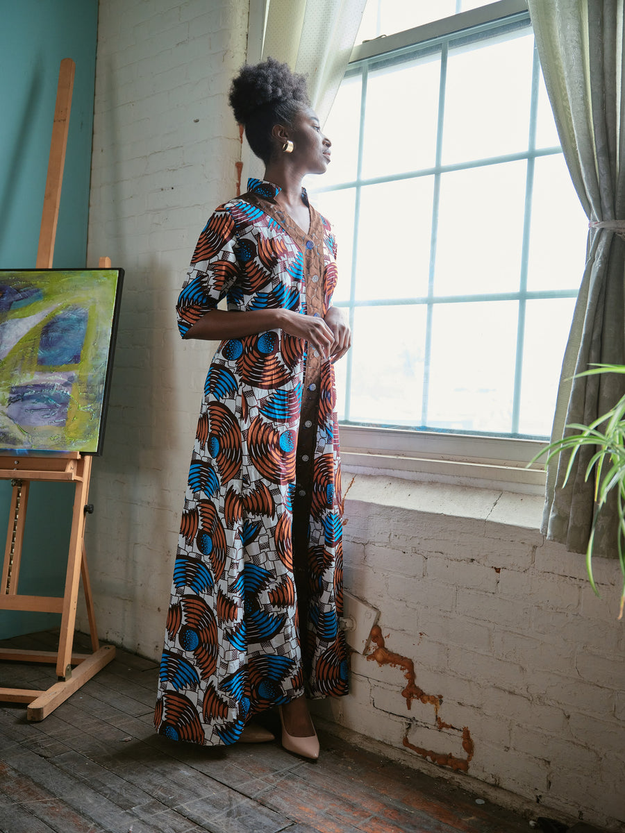 Bojo Maxi Dress- Brown and Blue print