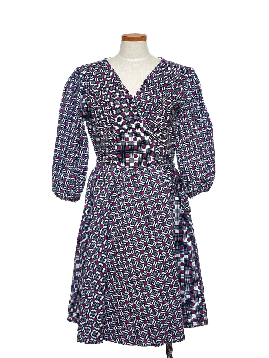 Bojo 3/4 Sleeve Wrap Dress- Purple checkered print